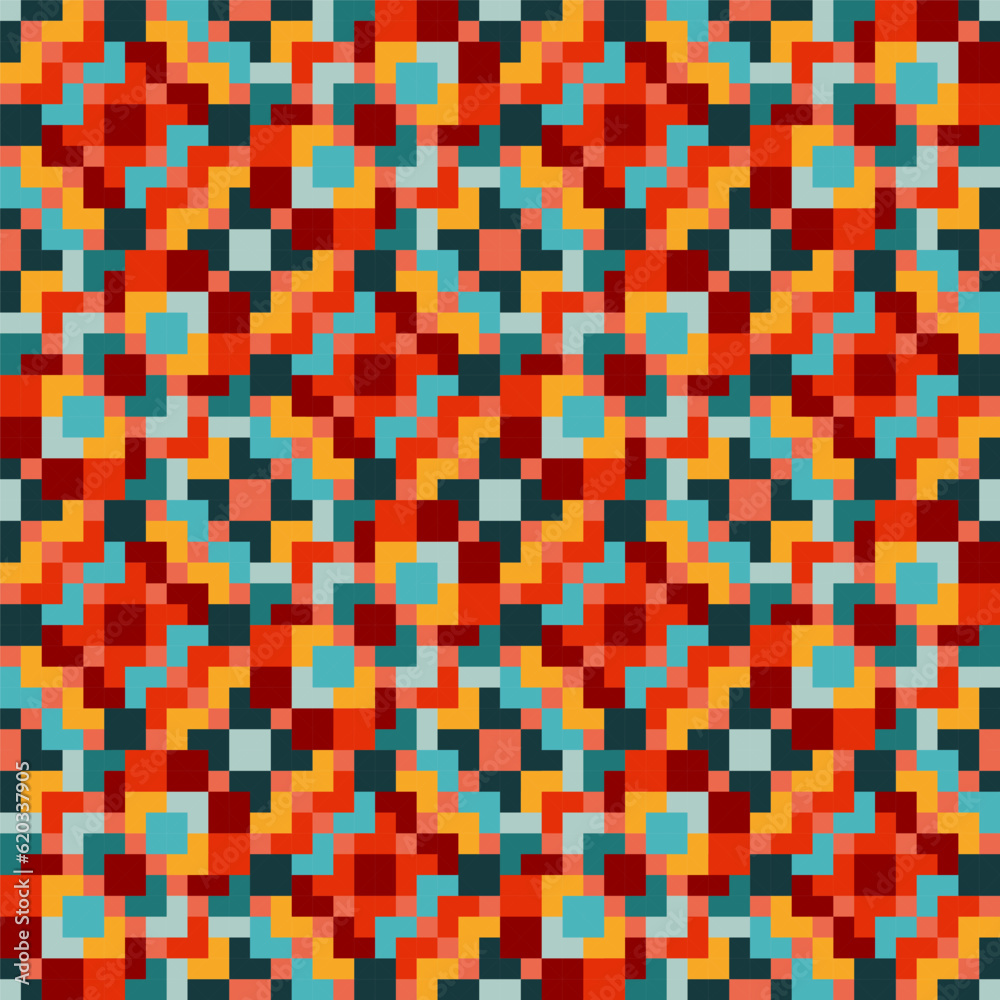 Bright seamless pixel pattern in Mexican style. Vivid tribal geometric triangles and squares ornament. Aztec rug background.