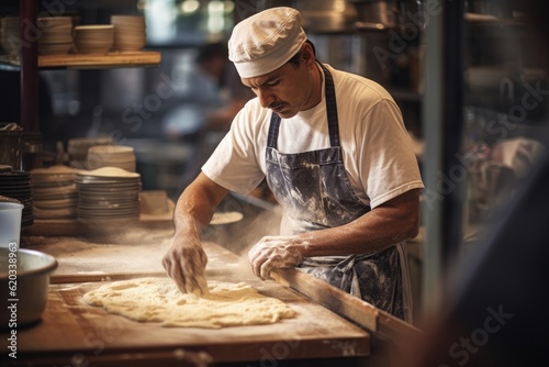 baker with cooking hat kneading dough and baking bread in a bakery kitchen restaurant. flour on the table and chefs hands. Generative AI