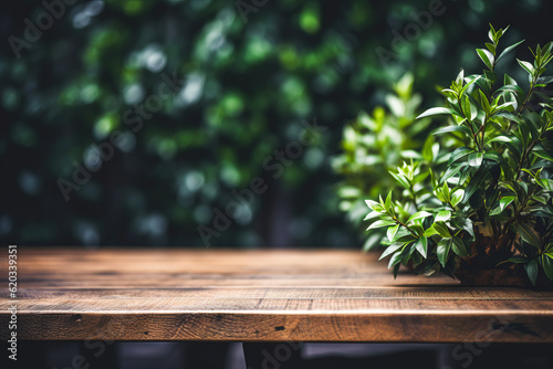 an empty table in garden with leaves, background