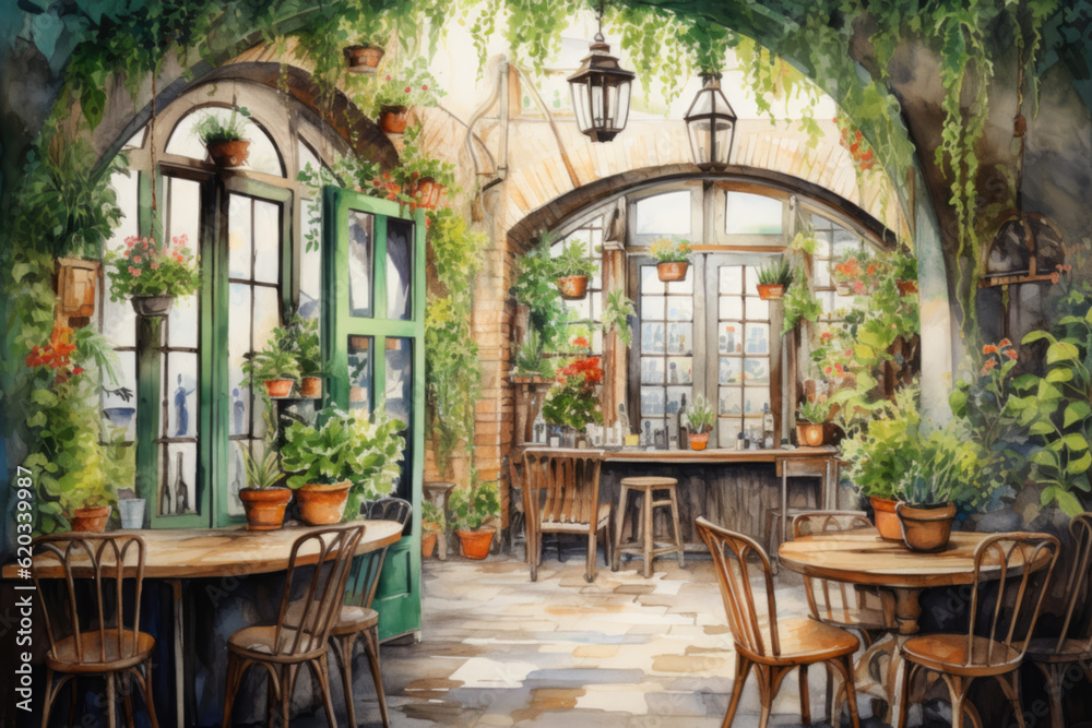 Interior of a cafe restaurant with tables plants and arches