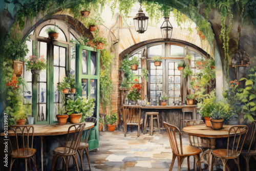 Interior of a cafe restaurant with tables plants and arches © gridspot