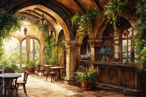 Interior of a cafe restaurant with tables plants and arches © gridspot