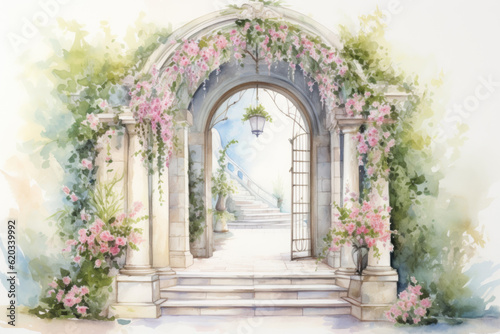 Exterior of an arched doorway with open doors covered in plants and flowers