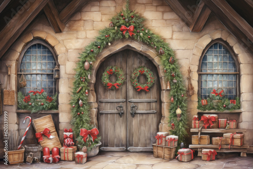 Exterior of a cobblestone house decorated with Christmas wreaths