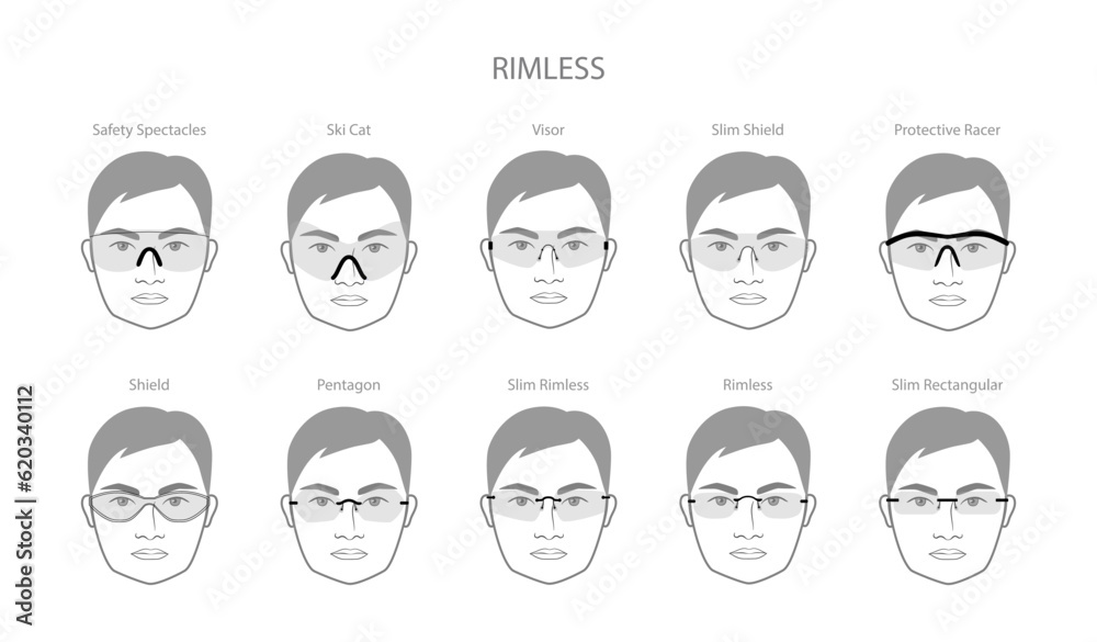 Set of Rimless frame glasses on men face character fashion accessory illustration. Sunglass front view unisex silhouette style, flat spectacles eyeglasses, lens sketch style outline isolated on white Set of Rimless frame glasses on men face character fashion accessory illustration. Sunglass front view unisex silhouette style, flat spectacles eyeglasses, lens sketch style outline isolated on white