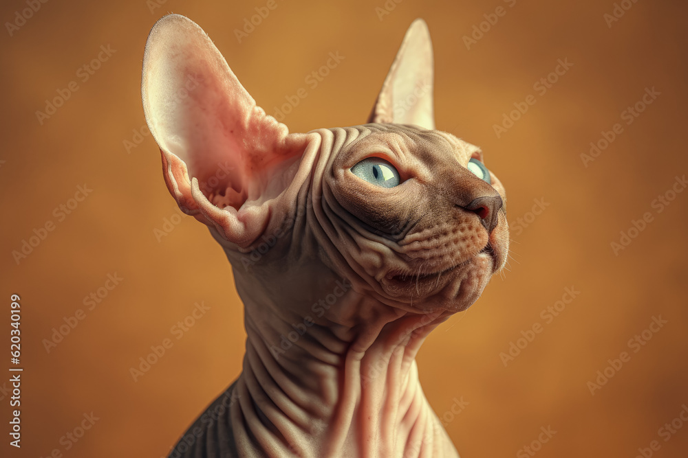 A funny portrait captures a sphynx cat tilting its head to the side, standing out against a beige brown background, highlighting its unique and playful nature. Generative Ai, Ai.