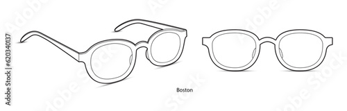 Boston frame glasses fashion accessory illustration. Sunglass front and 3-4 view for Men, women, unisex silhouette style, flat rim spectacles eyeglasses with lens sketch outline isolated on white