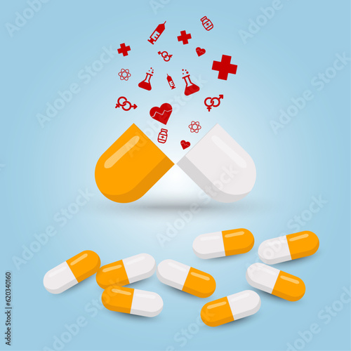 Opened one capsule and capsules around in vector illustration