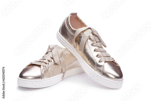 Close up view of trendy female casual metallic gold sneakers with thick shoelaces and white sole isolated on white background. A modern and fashionable shoe store.