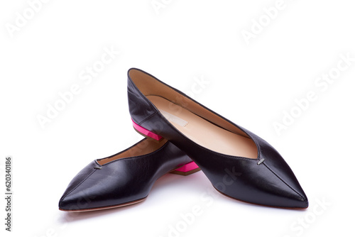 A pair of elegant pointed-toe black shoes with pink low heel isolated on the white background. A modern and fashionable shoe store. Selling shoes
