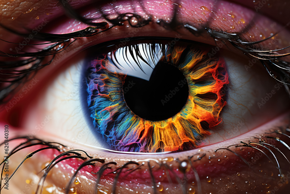 Close-up image of an eye with rainbow colors, representing diversity, vision, and individuality. Generative Ai.
