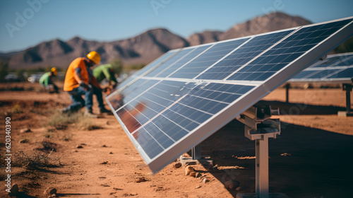 a solar panel field in the desert, sunset Generative AI