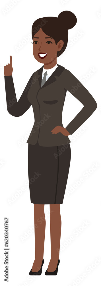 Black businesswoman. Cartoon female office manager character Black businesswoman. Cartoon female office manager character