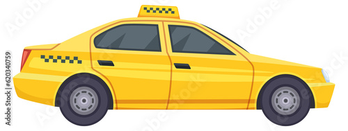Yellow taxi side view. Cartoon passenger transport