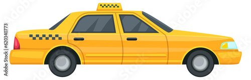 Yellow auto with checkered pattern. Taxi car side view