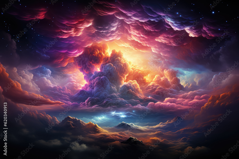 Neon rainbow in the clouds, representing a colorful and vibrant visual. Generative Ai.