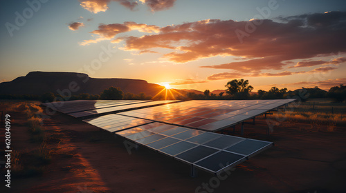 a solar panel field in the desert, sunset Generative AI photo