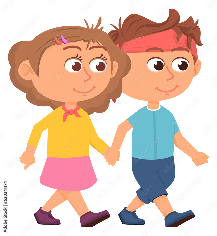 Boy and girl walking together. Cartoon children hold hands Boy and girl walking together. Cartoon children hold hands