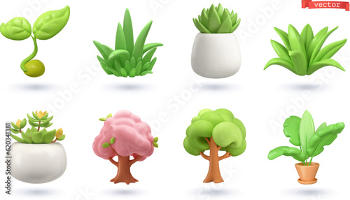 Plant shoot, potted houseplant, tree, grass, 3d vector cartoon icon set