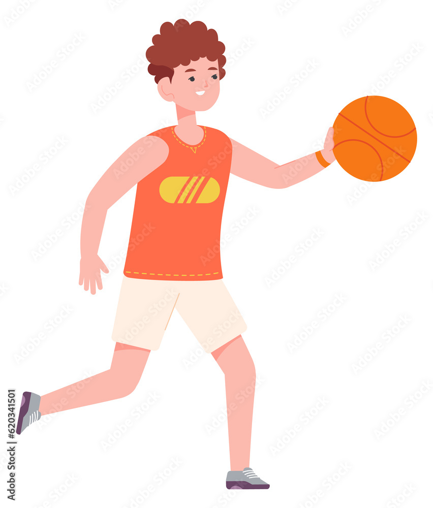 Boy with basketball ball. Kid playing sport game