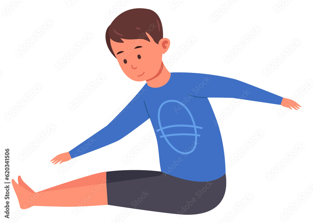 Boy stretching. Fitness exrecise. Training kid character
