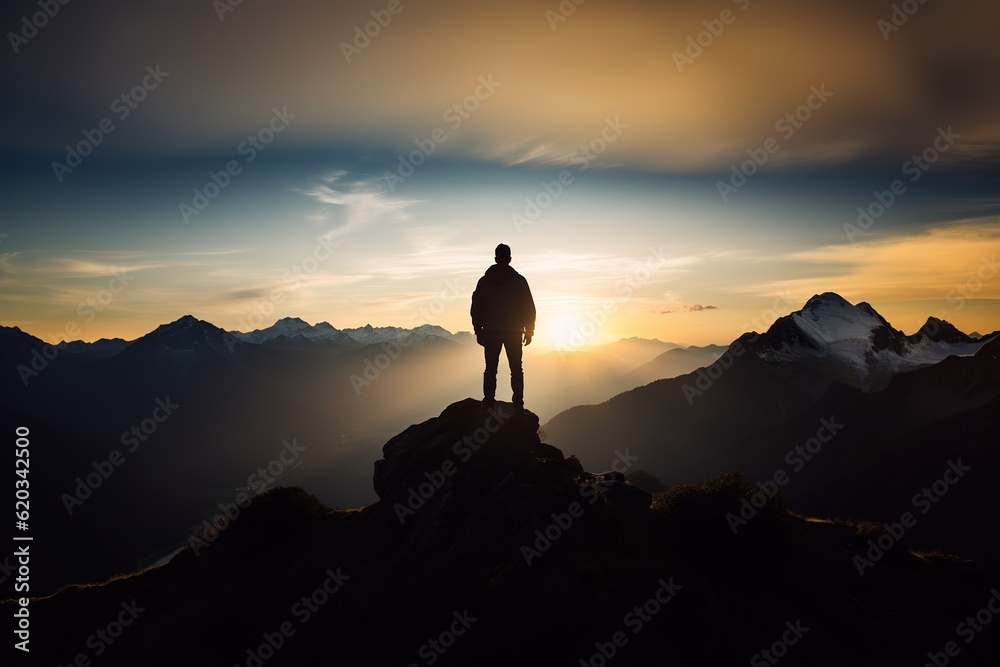 Man silhouette standing at top of the mountain admiring stunning sunrise