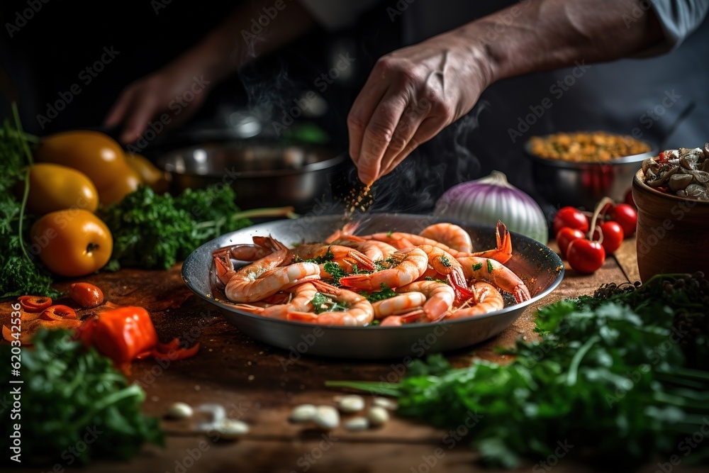 Professional chef hand seasoning delicious dish of shrimps. Close up shot Professional chef hand seasoning delicious dish of shrimps. Close up shot