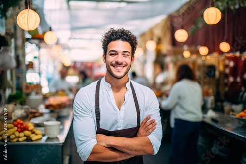 Attractive young Latin man entrepreneur owing food store in local market