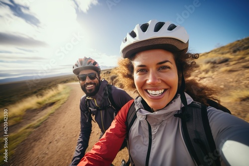 Selfie of happy couple of cyclists having fun riding in rural area