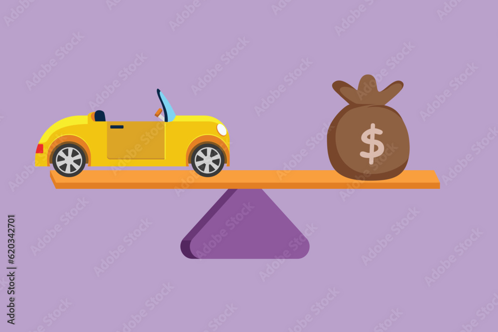 Naklejka premium Character flat drawing stylized car, auto loan or transforming assets into cash concept, logo, icon. Car model, US dollar notes in jute bag on simple balance scale. Cartoon design vector illustration