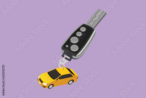 Cartoon flat style drawing key car and key ring over the metallic table. Clipping path included. Electronic car key front and back view and alarm system logo, icon. Graphic design vector illustration