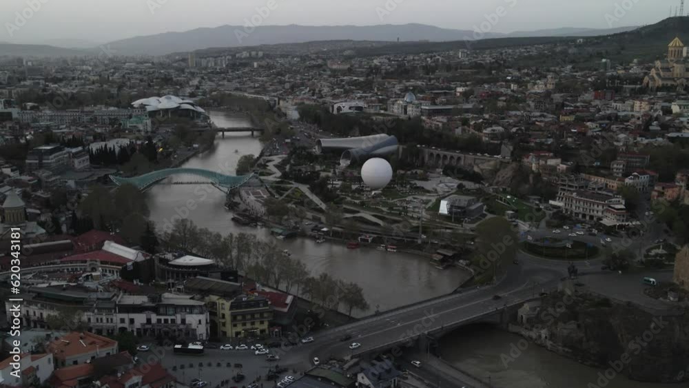 Aerial photo Drone flies above Tbilisi Georgia city center Rike park, river kura Aerial photo Drone flies above Tbilisi Georgia city center Rike park, river kura