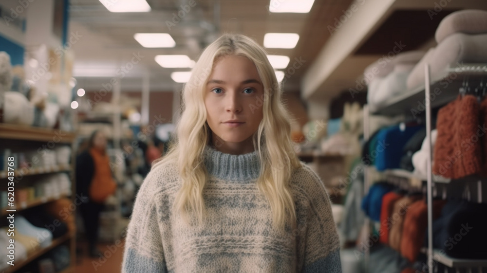 custom made wallpaper toronto digitalneutral or skeptical or annoyed or nervous or impatient facial expression, young adult woman with blond hair and thick sweater, between the shelves with winter clothes and decoration