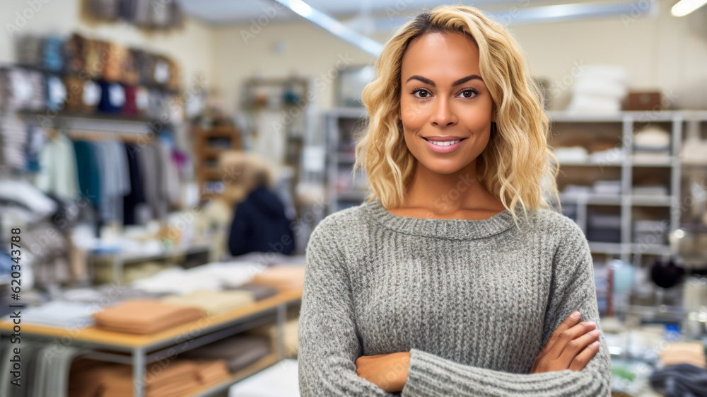 mature adult woman tanned with dyed blonde hair, crossed arms, saleswoman or cashier in a clothes store, clothing shop, smiling mature adult woman tanned with dyed blonde hair, crossed arms, saleswoman or cashier in a clothes store, clothing shop, smiling