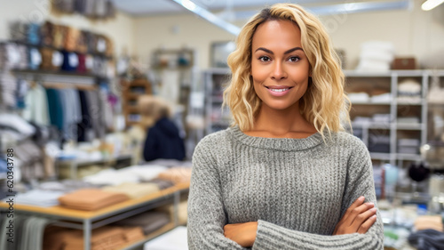 mature adult woman tanned with dyed blonde hair, crossed arms, saleswoman or cashier in a clothes store, clothing shop, smiling