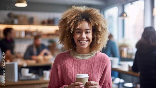 happy young adult woman in cafe at daytime, coffee cafe to go, smiling multiethnic