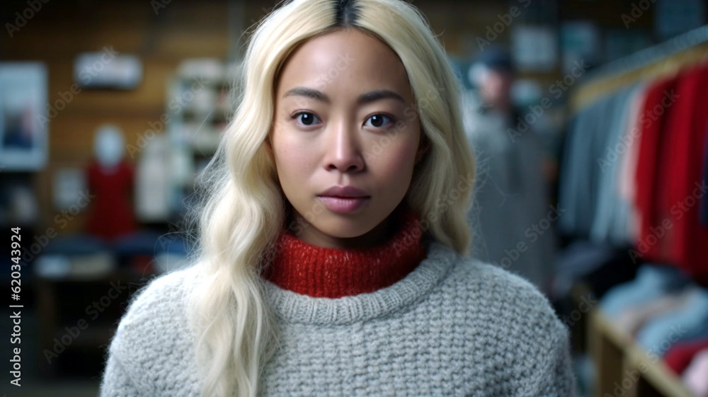 young adult woman blond dyed long hair works in a store or is customer, light sweater, fictional place young adult woman blond dyed long hair works in a store or is customer, light sweater, fictional place