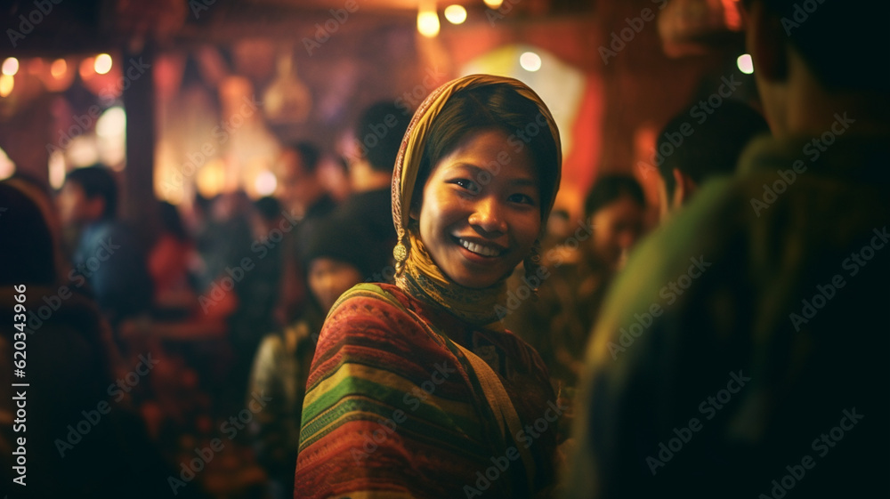 Native adult woman wearing headscarf, asian indonesian thai, 20s 30s, local bar or restaurant, fictional, happy