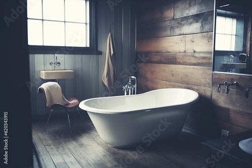 modern bathroom with a white bathtub and sink