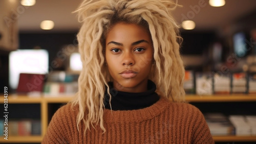 young adult woman works in a small shop, fictional, knitted sweater, hair dyed blonde, job work, rasta curls, dark tanned skin