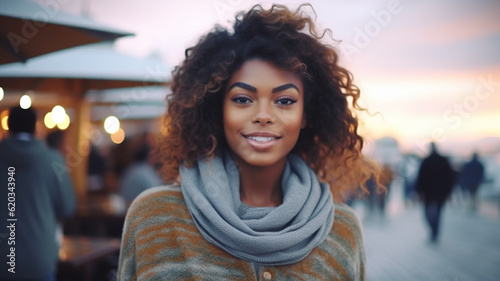 young adult woman, multiracial, happy excited, in a city, modern, people, fictional place