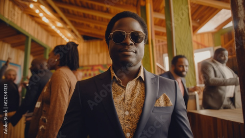 an african american man in a suit and sunglasses wears a luxury suit, tropical place with tourists and restaurant, fictional location © wetzkaz