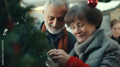 older woman and husband or family member like brother, choosing a christmas tree, buying a christmas tree, fictitious