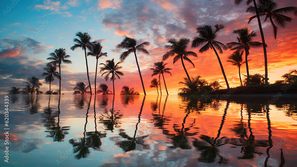 palm trees reflect the reflection of the setting sun in clouds. Generative Ai