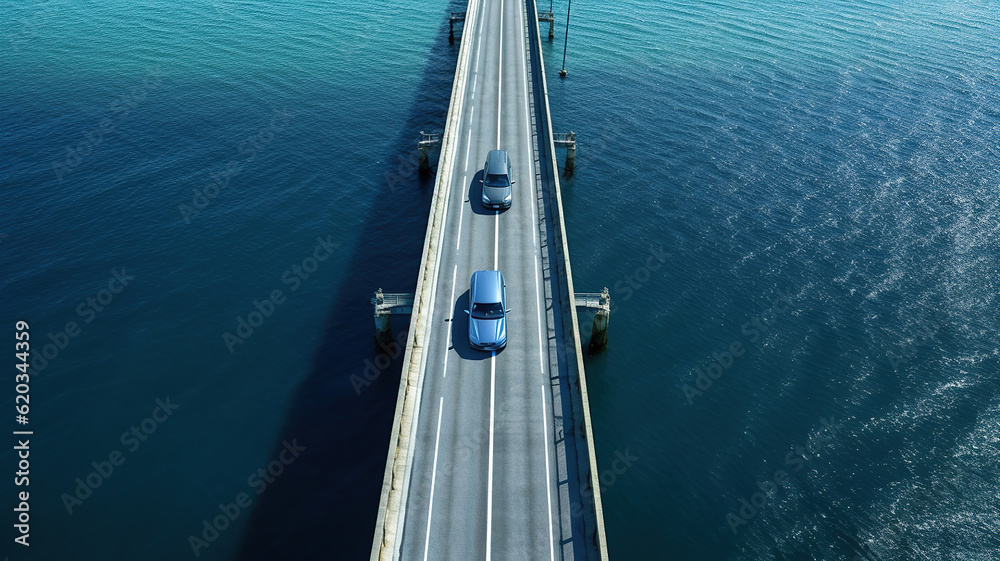 an aerial view of a car driving across a bridge over the ocean. Generative Ai