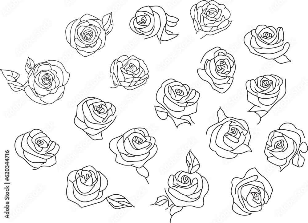 Linear floral pattern with continuous line, featuring a single rose, drawn by hand in a simple style. Single-stroke doodle.