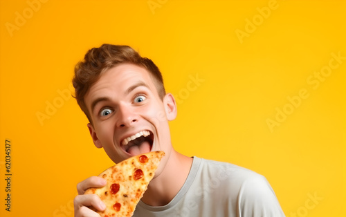 An individual enjoying a slice of pizza  set against an isolated  vibrant yellow background  creating a visually striking contrast.