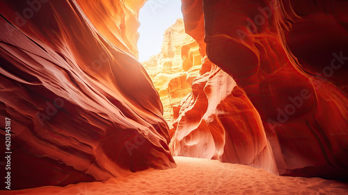 The light is shining through an open slit of a canyon. Generative Ai