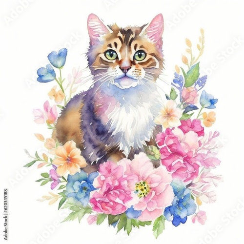 Fototapeta Naklejka Na Ścianę i Meble -  A cute cat with flowers watercolor generative ai