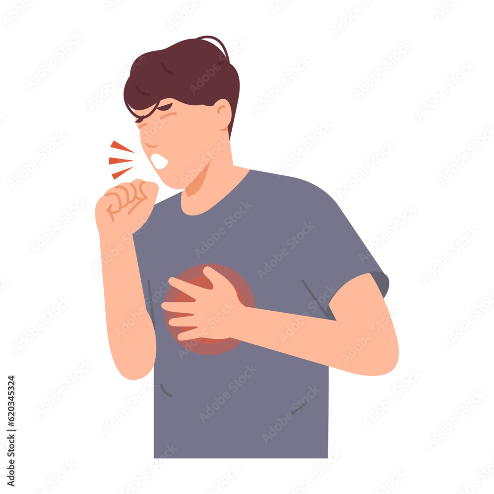 Sick man with dry cough and chest pain, inflammation. Sick people with